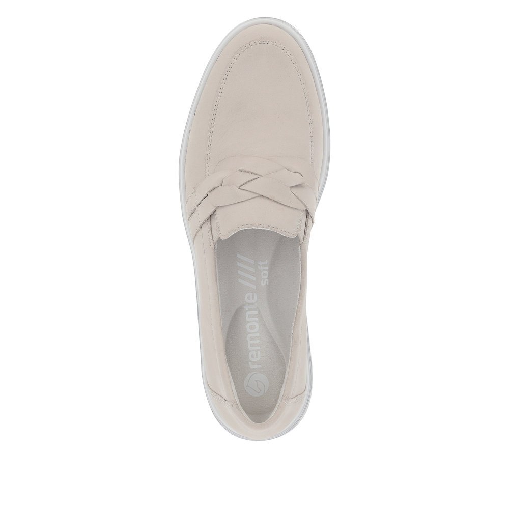 Beige grey remonte women´s loafers D1H01-40 with elastic insert and braided strap. Shoe from the top.