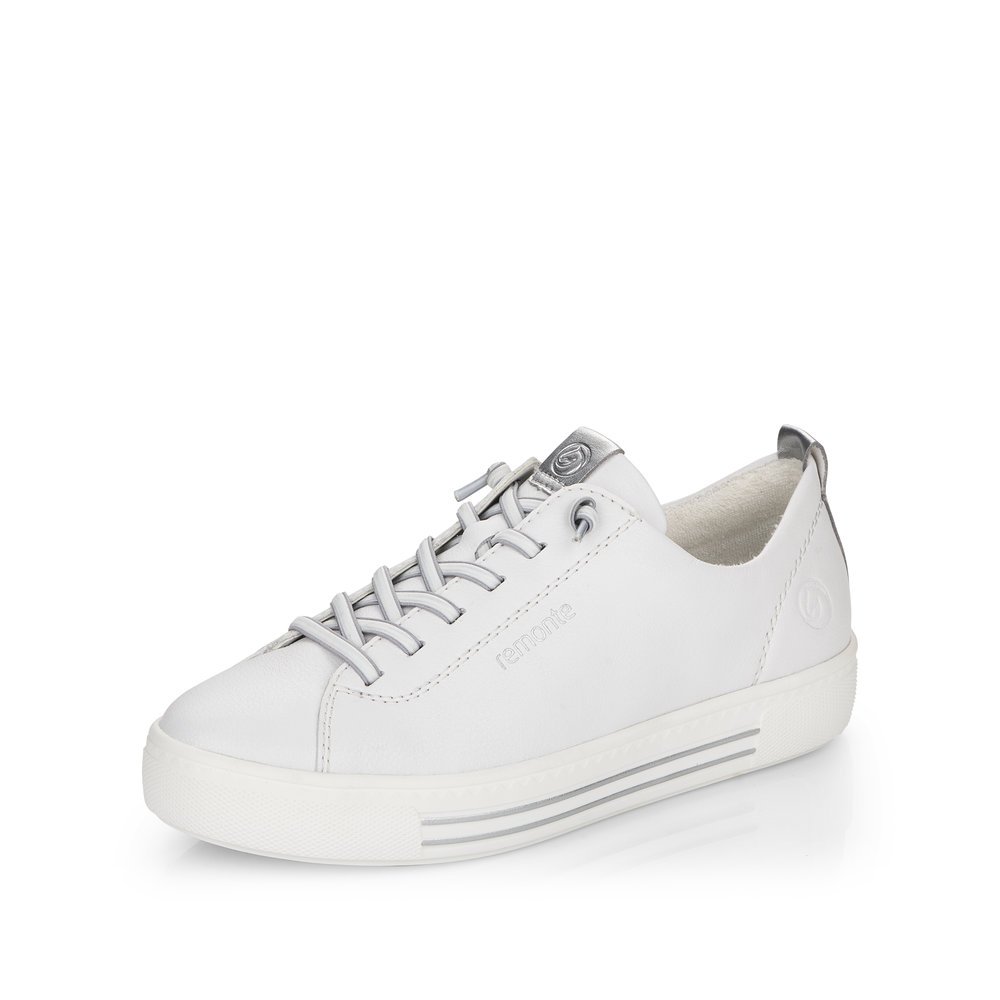 White remonte women´s sneakers D0913-80 with lacing and comfort width G. Shoe laterally.