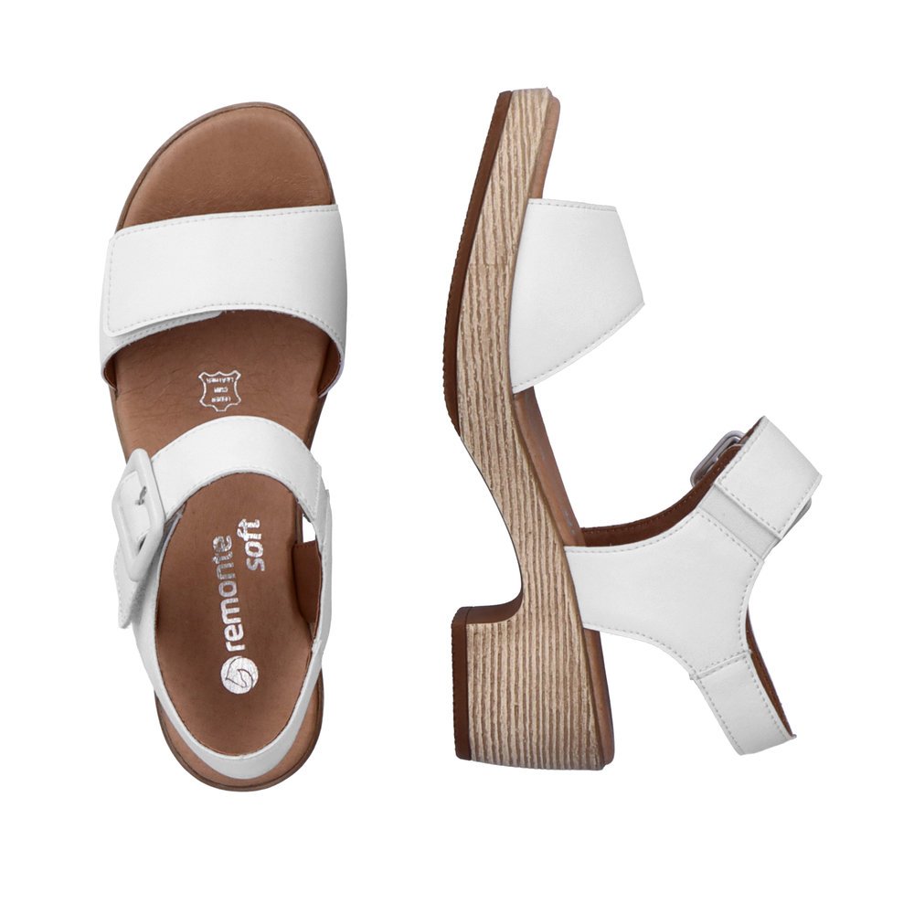 White remonte women´s strap sandals D0N52-80 with hook and loop fastener. Shoe from the top, lying.