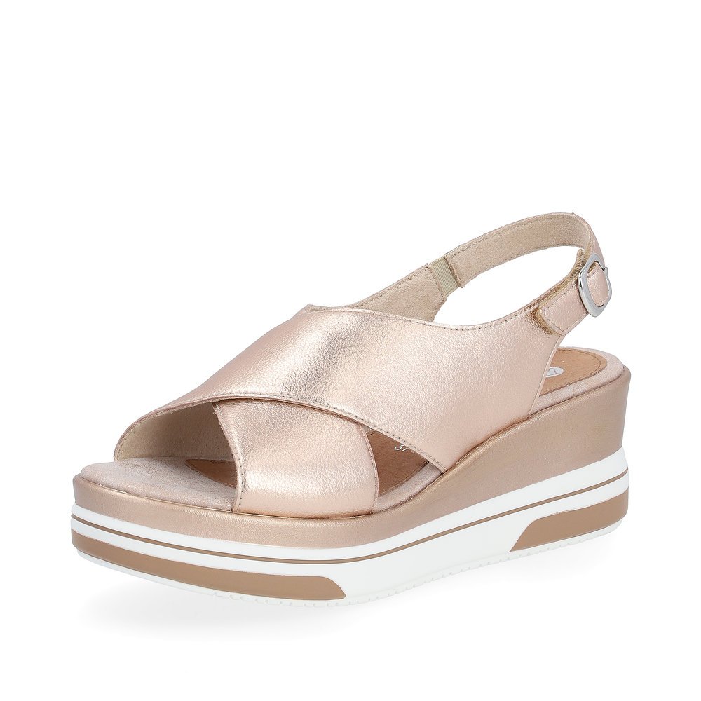 Metallic pink remonte women´s wedge sandals D1P53-31 with hook and loop fastener. Shoe laterally.