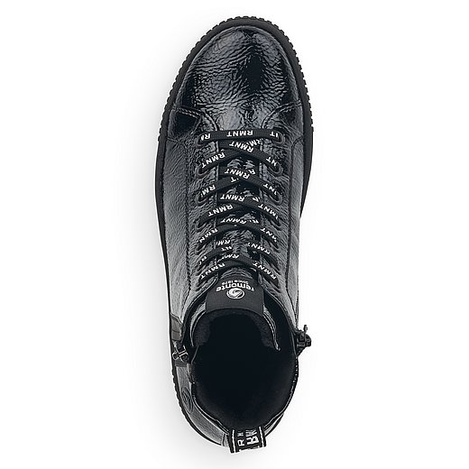 Schwarze Stiefeletten warm gefüttert aus Kunstlack mit Reißverschluss und Schnürung und Wechselfußbett. Schuh von oben. 