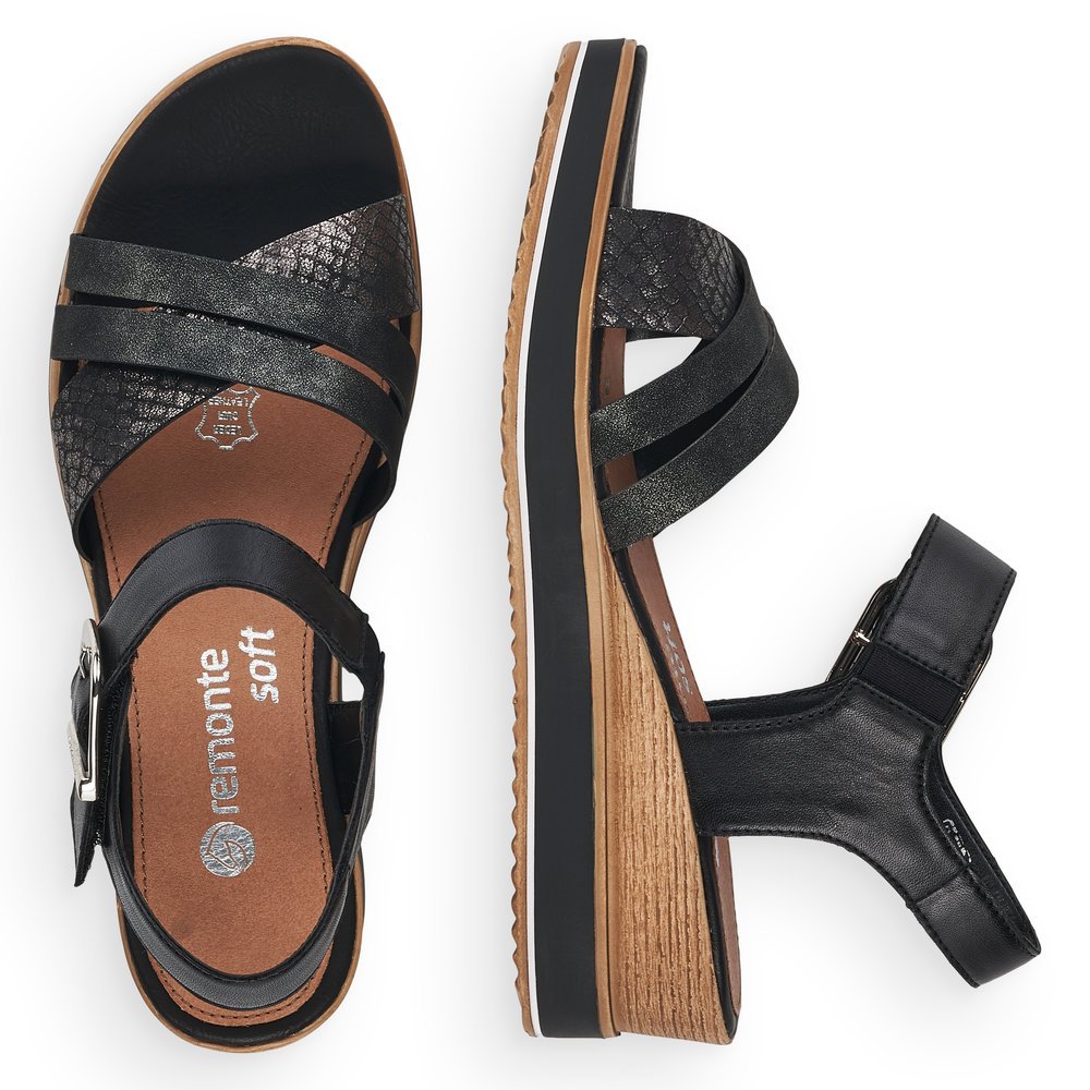 Jet black remonte women´s wedge sandals D6454-00 with a hook and loop fastener. Shoe from the top, lying.