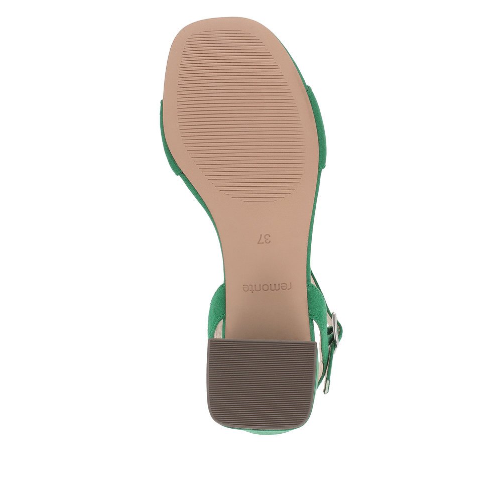 Green vegan remonte women´s strap sandals D1L50-52 with buckle and silver accessory. Outsole of the shoe.