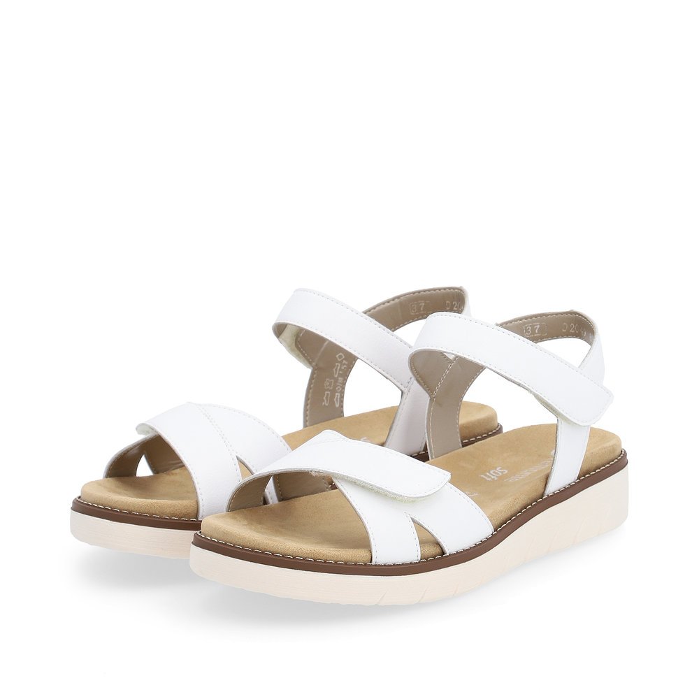 Sparkling white remonte women´s strap sandals D2049-83 with hook and loop fastener. Shoes laterally.