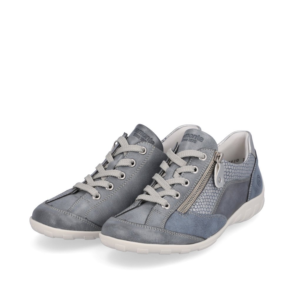 Pacific blue remonte women´s lace-up shoes R3410-14 with zipper and white pattern. Shoes laterally.