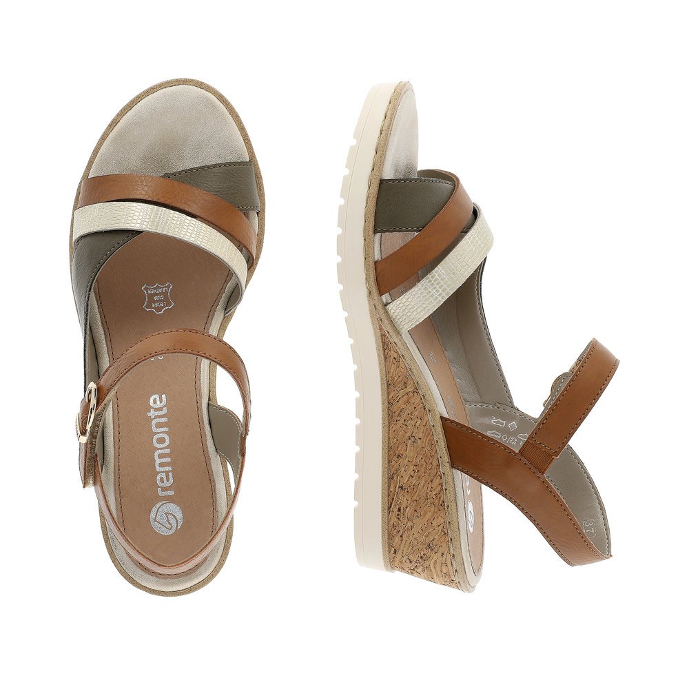 Brown remonte women´s wedge sandals R6263-24 with hook and loop fastener. Shoe from the top, lying.