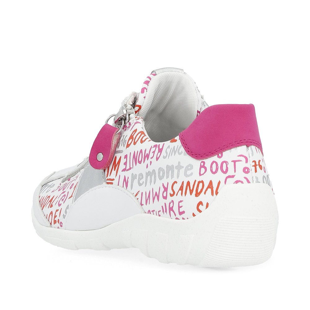 White remonte women´s lace-up shoes R3403-81 with zipper and multicolored pattern. Shoe from the back.