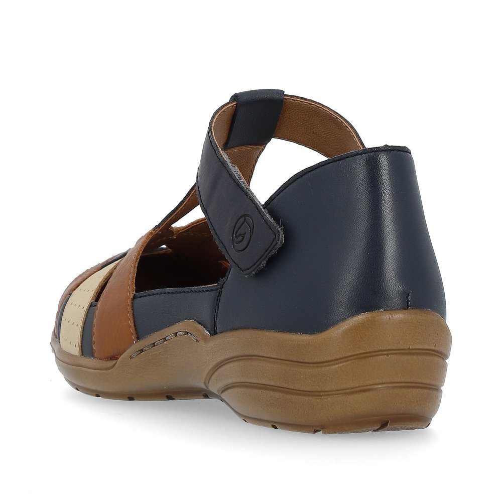 Navy blue remonte women´s strap sandals R7601-14 with a hook and loop fastener. Shoe from the back.