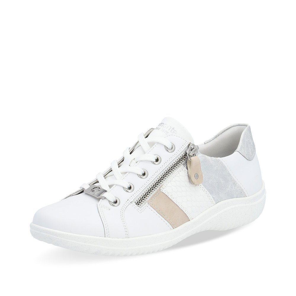 White remonte women´s lace-up shoes D1E00-81 with a zipper and comfort width G. Shoe laterally.