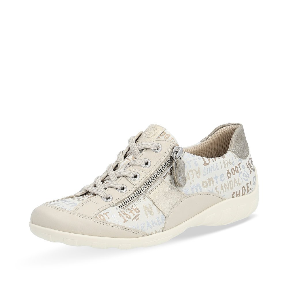 Beige remonte women´s lace-up shoes R3403-61 with a zipper and text pattern. Shoe laterally.