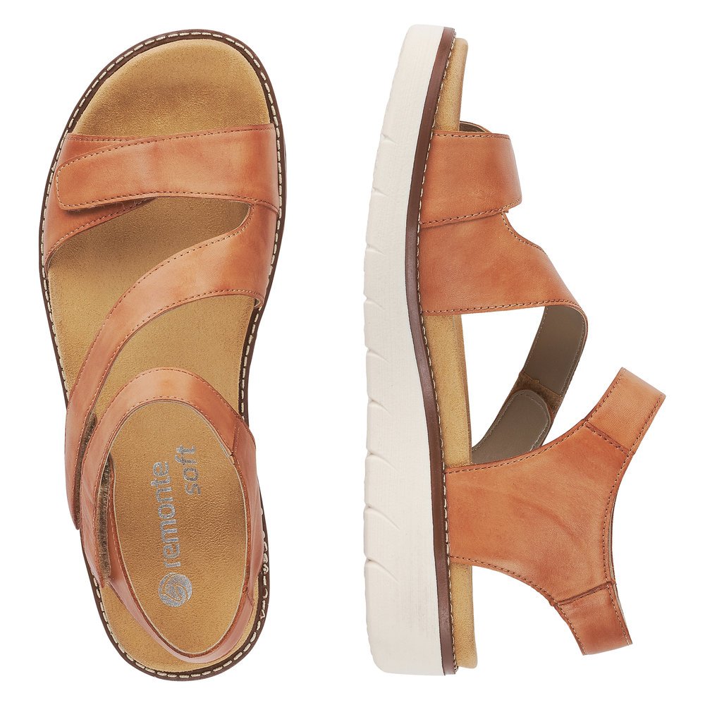 Caramel brown remonte women´s strap sandals D2050-24 with a hook and loop fastener. Shoe from the top, lying.