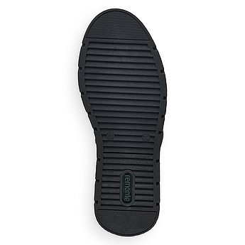 Schwarze Stiefel leicht wärmend aus Glattleder mit Reißverschluss, wasserabweisendem Remonte TEX, Stretch-Einsatz im Wadenbereich und Wechselfußbett. Schuh Laufsohle. 