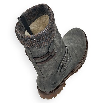 Graue Stiefeletten warm gefüttert aus Lederimitat mit Reißverschluss, wasserabweisendem Remonte TEX und Wechselfußbett. Schuhe Innenseite.
