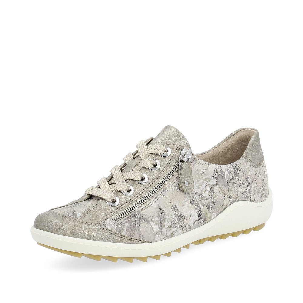 Beige remonte women´s lace-up shoes R1402-62 with a zipper and floral pattern. Shoe laterally.
