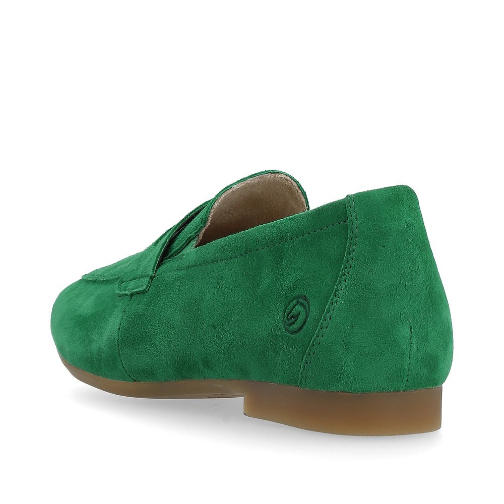 Emerald green remonte women´s loafers D0K02-52 with an elastic insert. Shoe from the back.