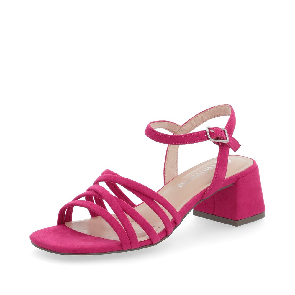 Pink vegan remonte women´s strap sandals D1L52-31 with buckle and soft cover sole. Shoe laterally.