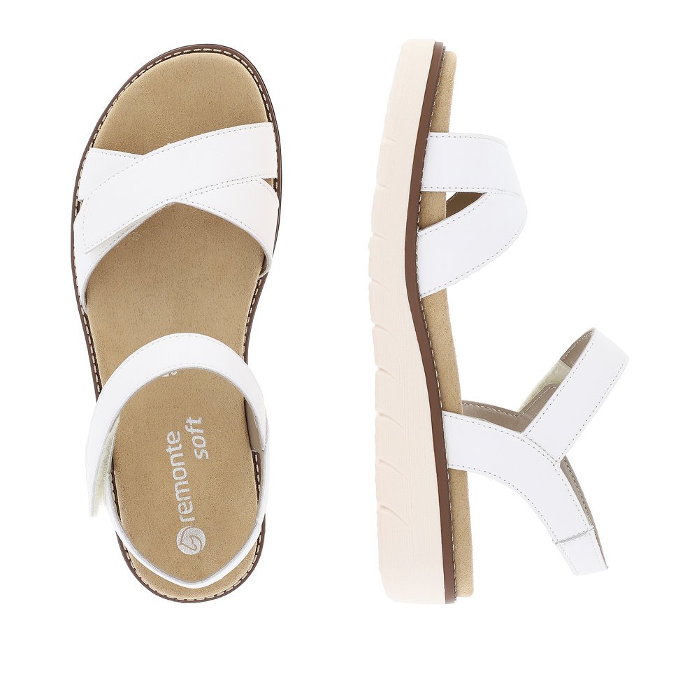 Sparkling white remonte women´s strap sandals D2049-83 with hook and loop fastener. Shoe from the top, lying.