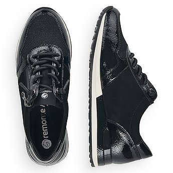 Schwarze Halbschuhe aus Veloursleder und Lederimitat mit Reißverschluss und Schnürung und Wechselfußbett. Schuhe Innenseite.