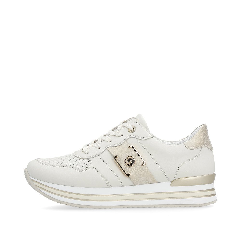 Light beige remonte women´s sneakers D1322-61 with a lacing and metal element. Outside of the shoe.