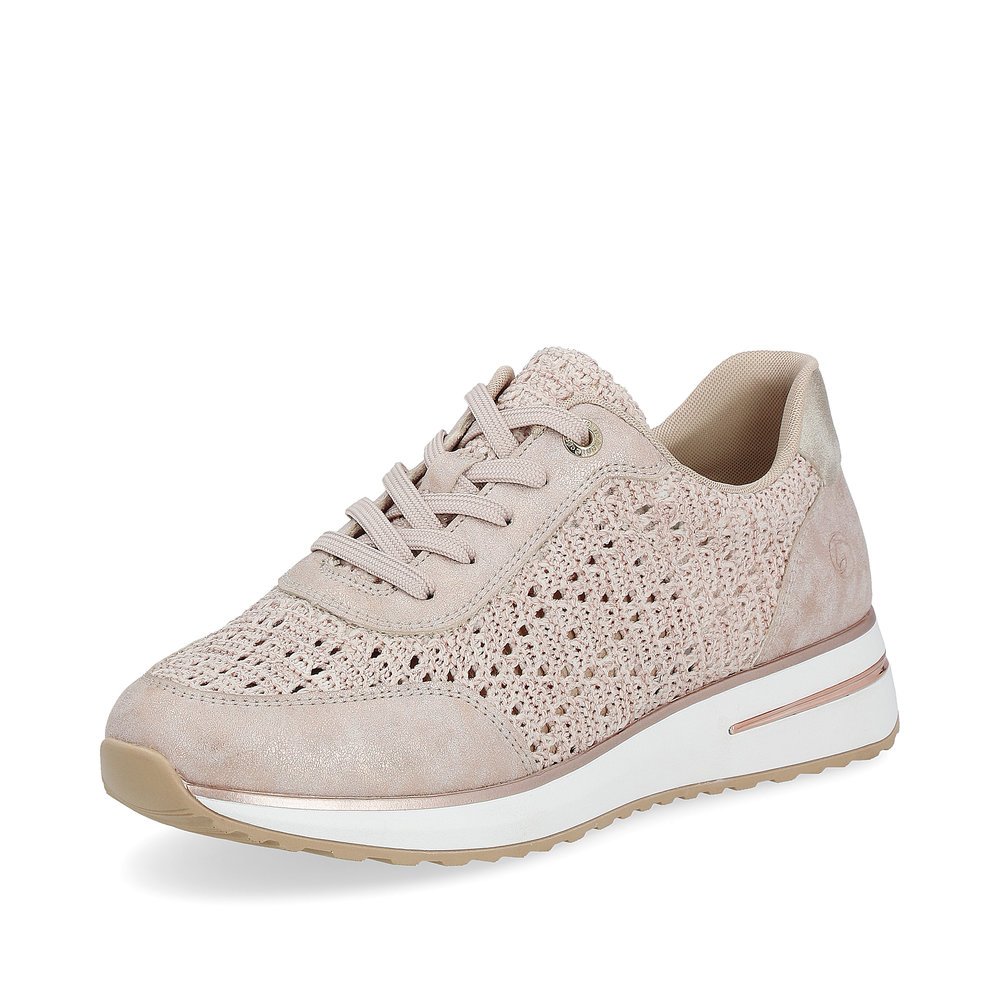 Pink remonte women´s sneakers D1G04-31 with a lacing and perforated look. Shoe laterally.