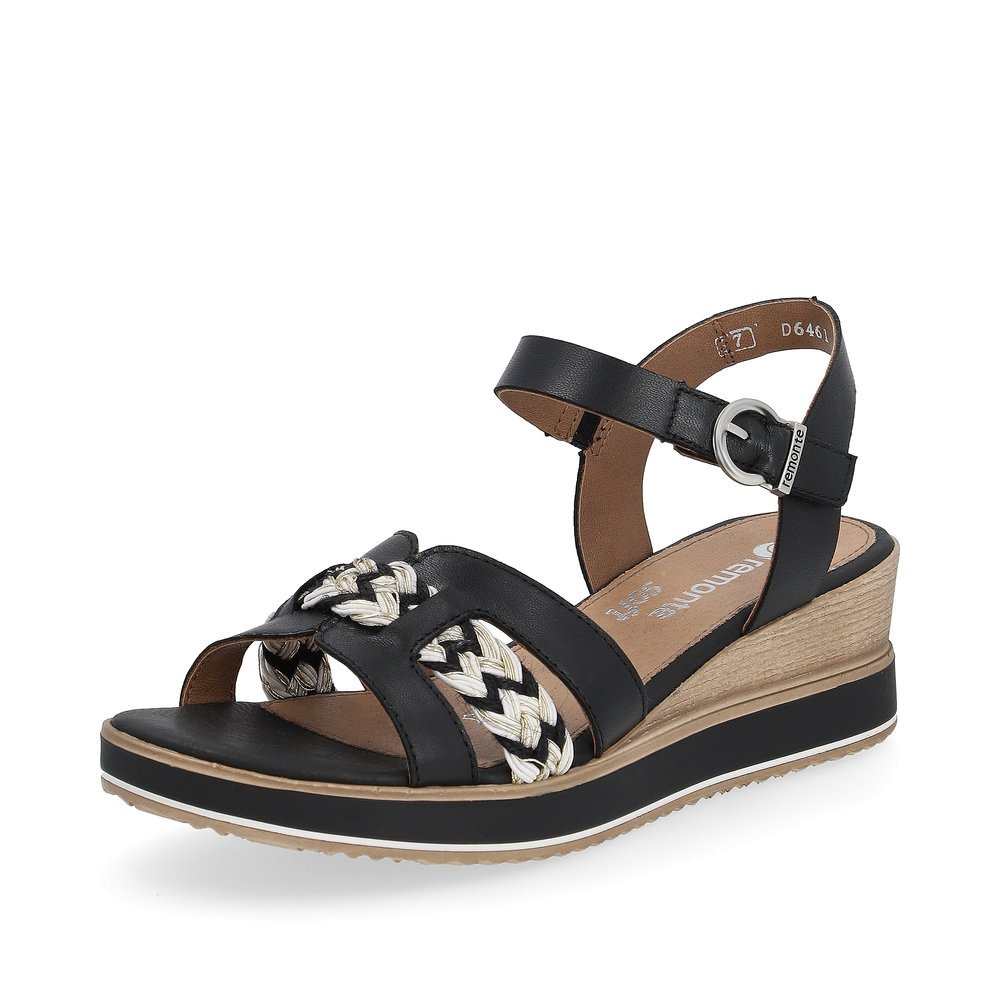 Black remonte women´s wedge sandals D6461-02 with hook and loop fastener. Shoe laterally.