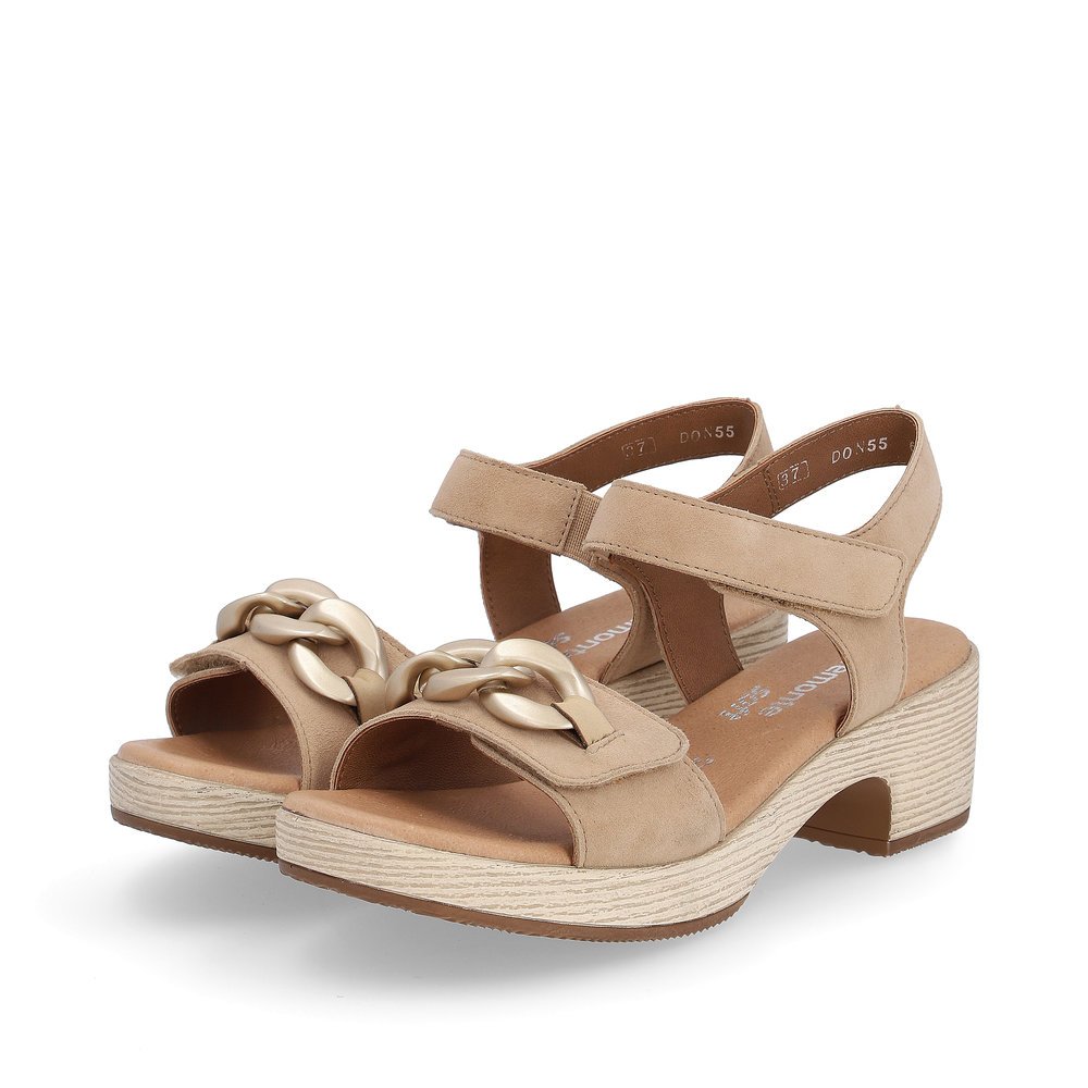 Brown beige remonte women´s strap sandals D0N55-60 with a hook and loop fastener. Shoes laterally.