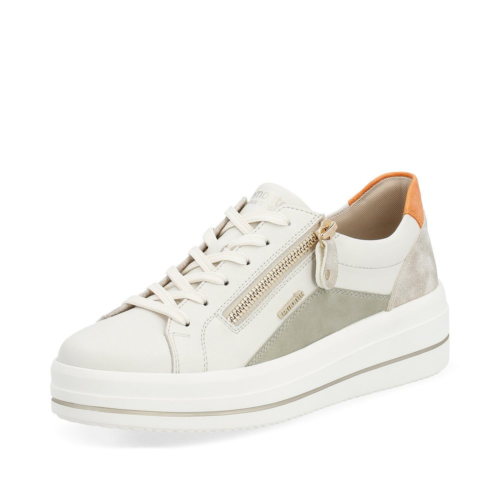 White remonte women´s sneakers D1C01-82 with a zipper and comfort width G. Shoe laterally.