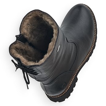 Schwarze Stiefeletten warm gefüttert aus Glattleder mit Reißverschluss, wasserabweisendem Remonte TEX und Wechselfußbett. Schuhe Innenseite.
