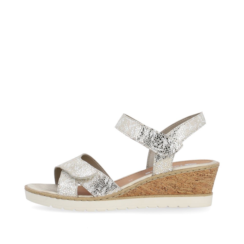 Metallic silver remonte women´s wedge sandals R6252-91 with hook and loop fastener. Outside of the shoe.