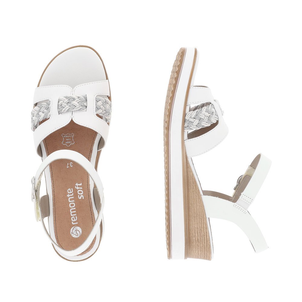 White remonte women´s wedge sandals D6461-80 with hook and loop fastener. Shoe from the top, lying.