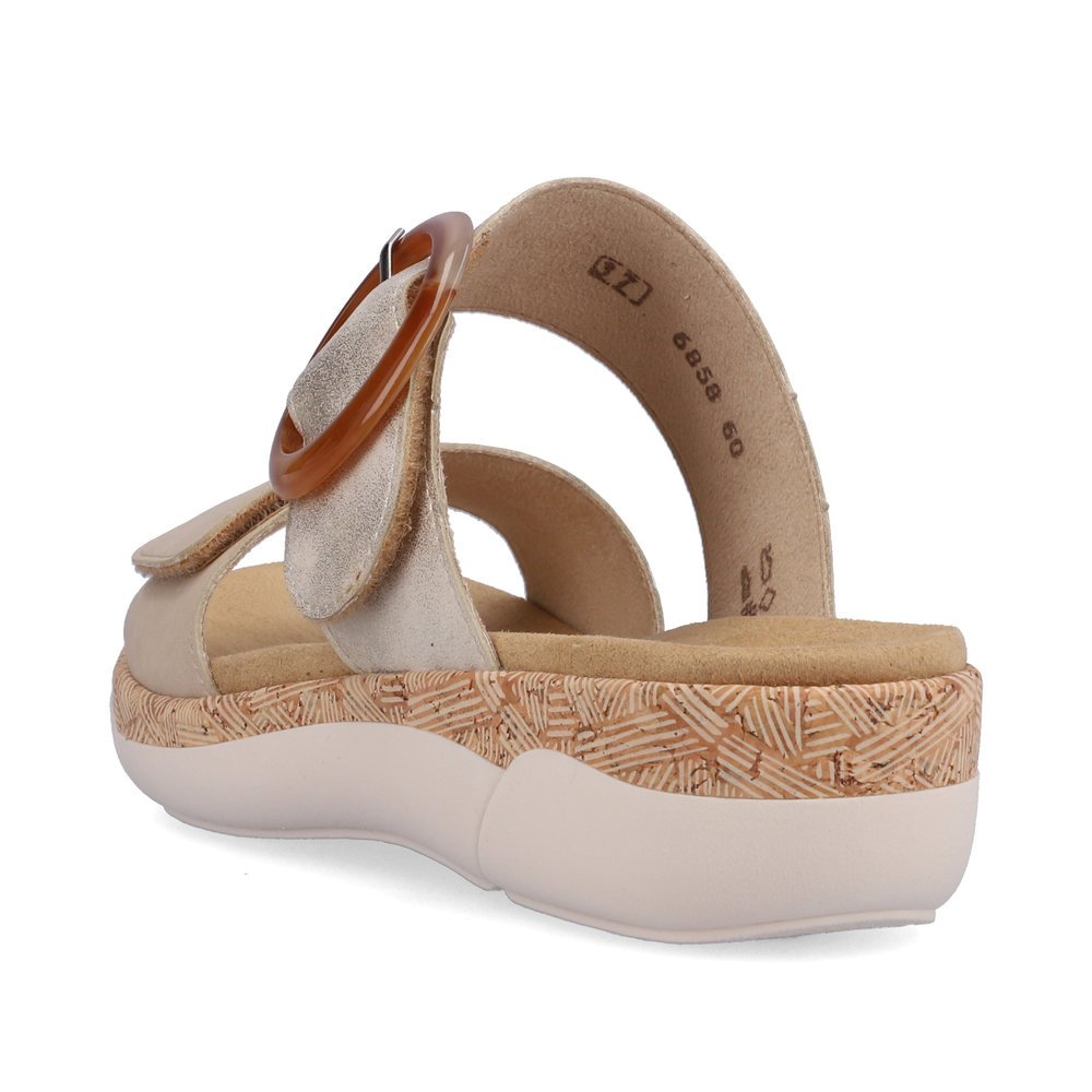 Champagne-colored remonte women´s mules R6858-60 with a hook and loop fastener. Shoe from the back.