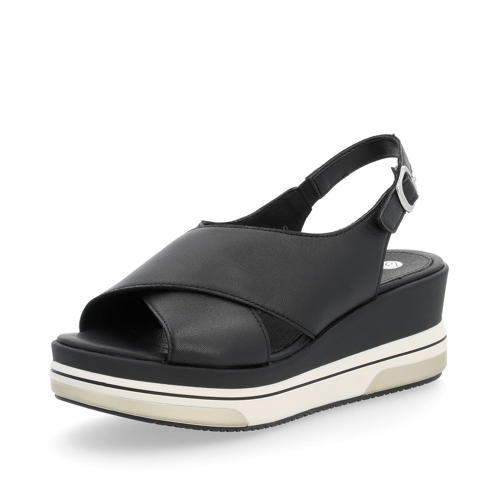 remonte sandales compensées noires femmes D1P53-00 avec fermeture velcro. Chaussure inclinée sur le côté.