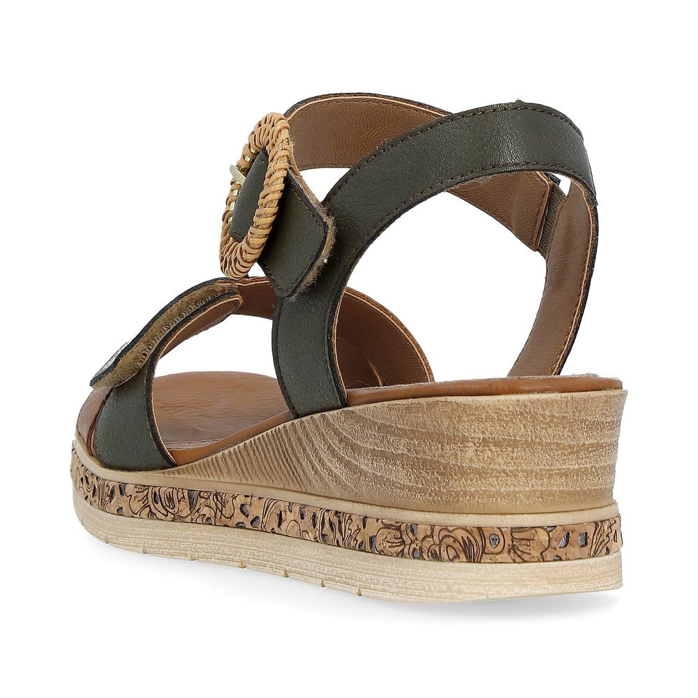 Olive green remonte women´s wedge sandals D3067-52 with a hook and loop fastener. Shoe from the back.