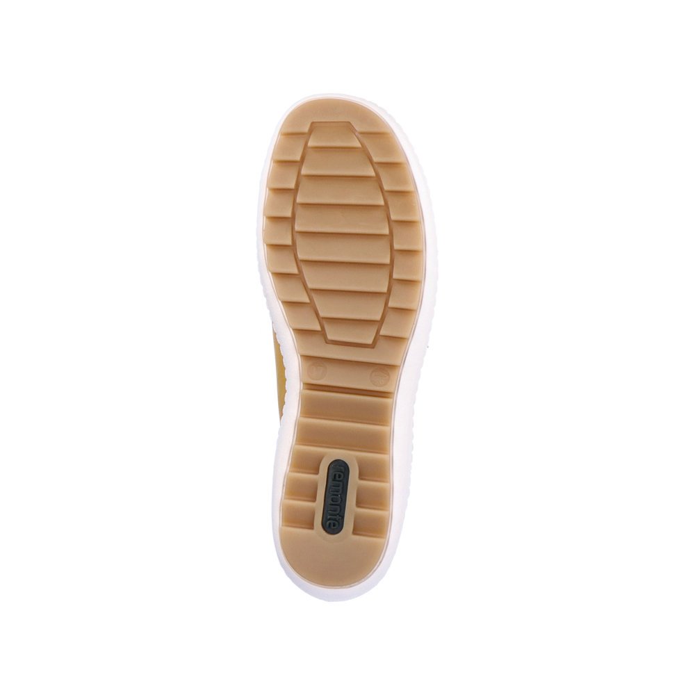 Yellow remonte women´s lace-up shoes R1432-68 with a zipper and holes on the side. Outsole of the shoe.