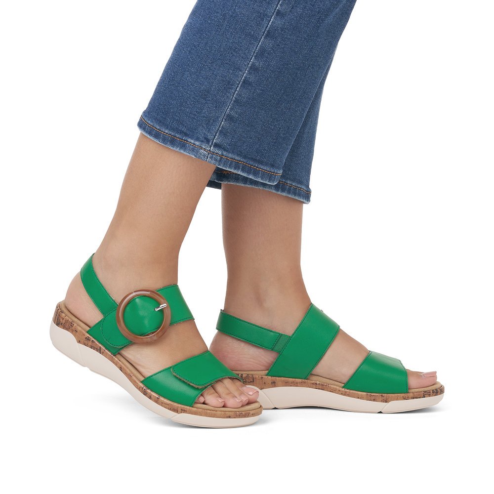 remonte sandales à lanières vertes femmes R6853-53 avec fermeture velcro. Chaussure au pied.