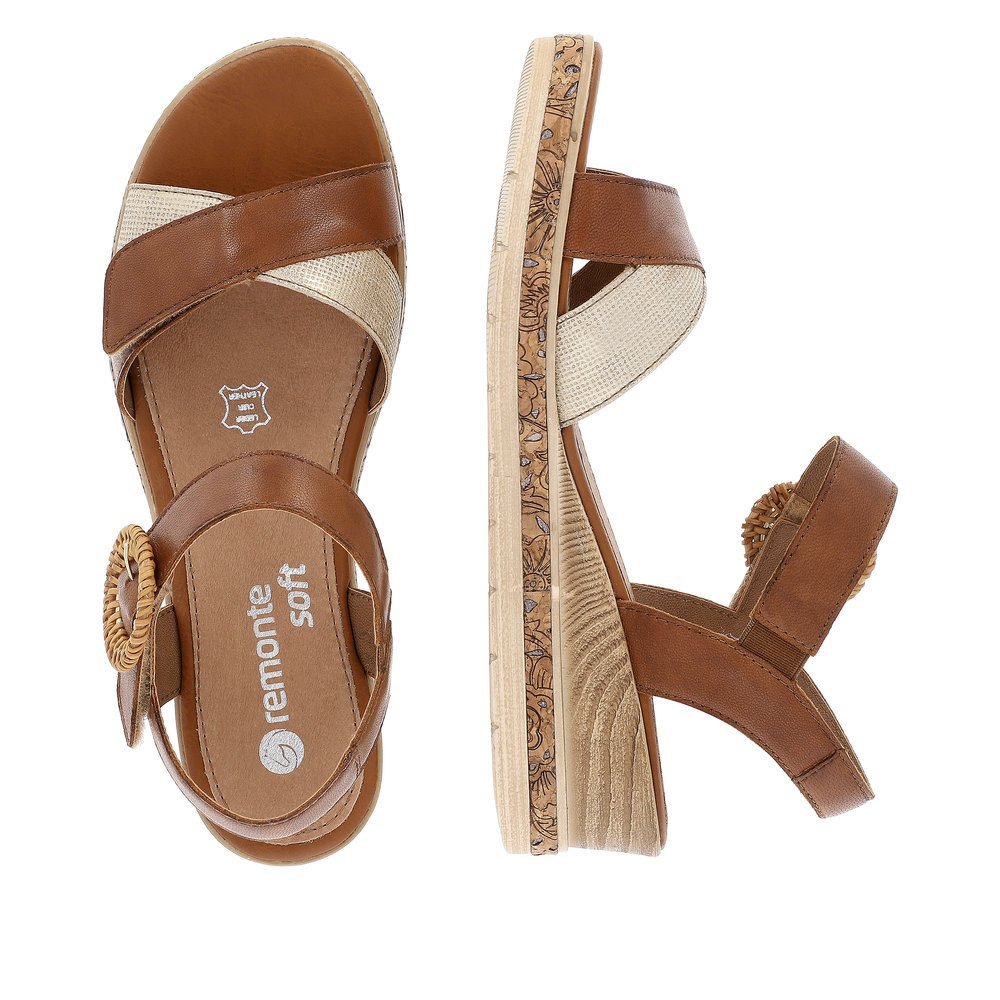 Brown remonte women´s wedge sandals D3067-24 with hook and loop fastener. Shoe from the top, lying.