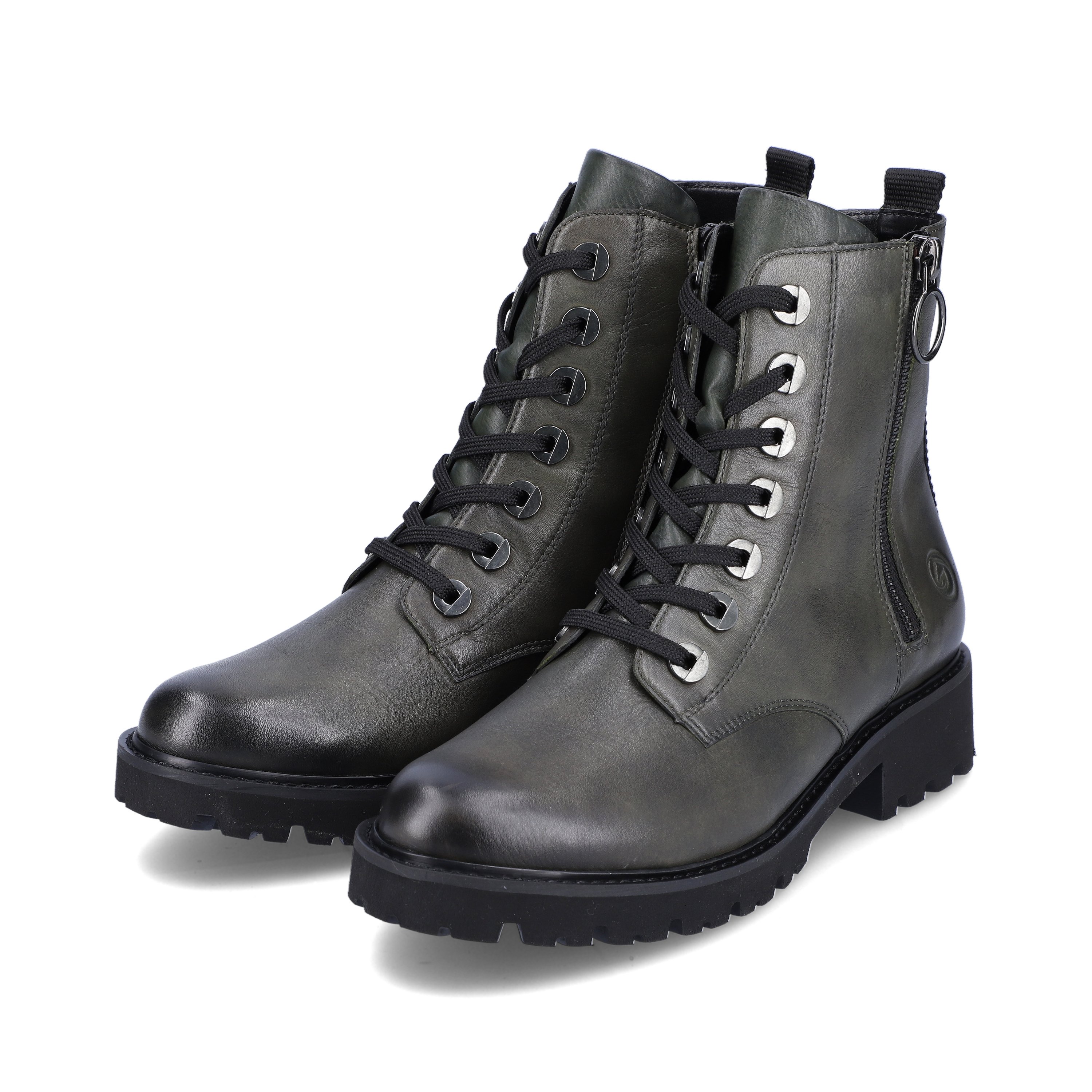Green-grey remonte women´s biker boots D8671-52 with especially light sole. Shoe laterally