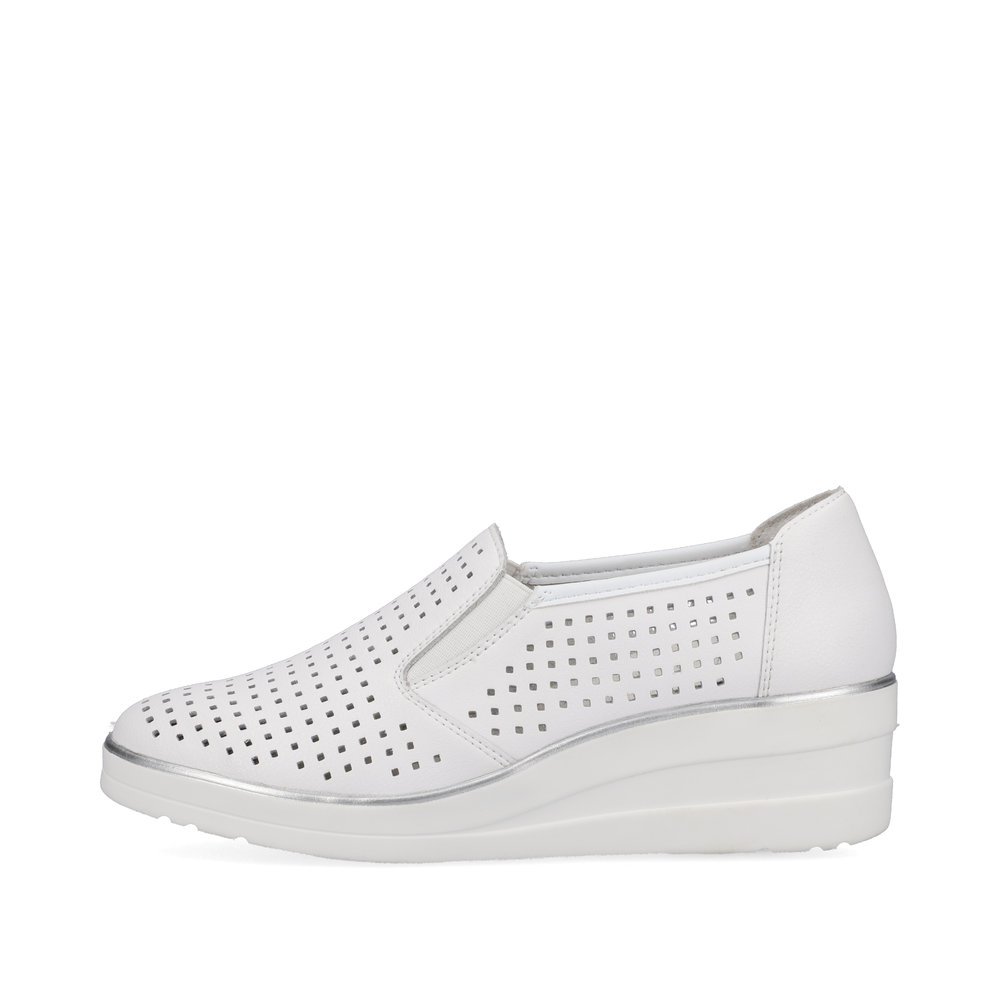 White remonte women´s slippers R7218-80 with an elastic insert and perforated look. Outside of the shoe.