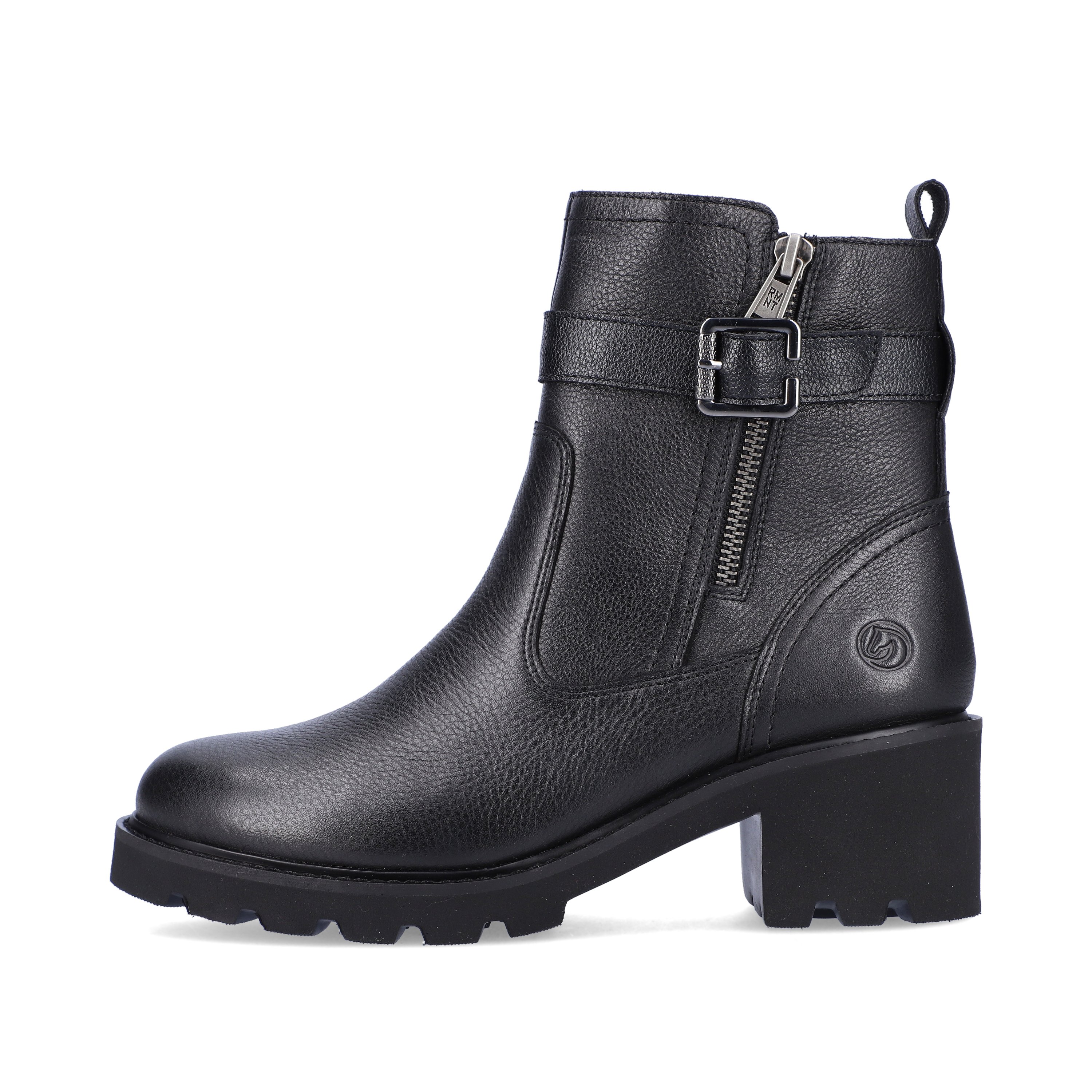 Glossy black remonte women´s biker boots D0A71-01 with zipper as well as block heel. The outside of the shoe
