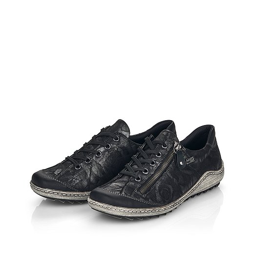 Schwarze Halbschuhe aus Lederimitat mit Reißverschluss und Schnürung, wasserabweisendem Remonte TEX und Wechselfußbett. Schuhe seitlich schräg. 
