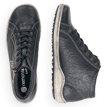 Schwarze Kurzstiefel aus Glattleder mit Reißverschluss und Schnürung, wasserabweisendem Remonte TEX und Wechselfußbett. Schuhe Innenseite.