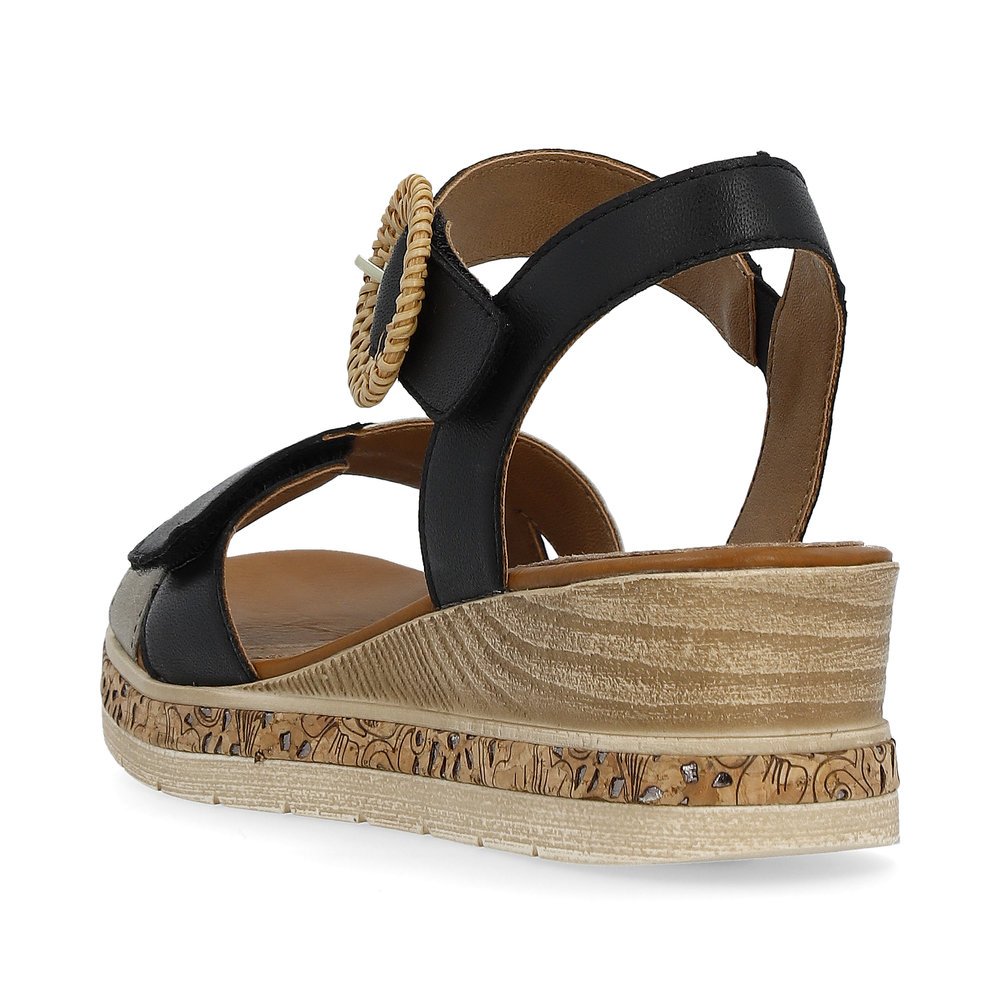 Black remonte women´s wedge sandals D3067-02 with a hook and loop fastener. Shoe from the back.