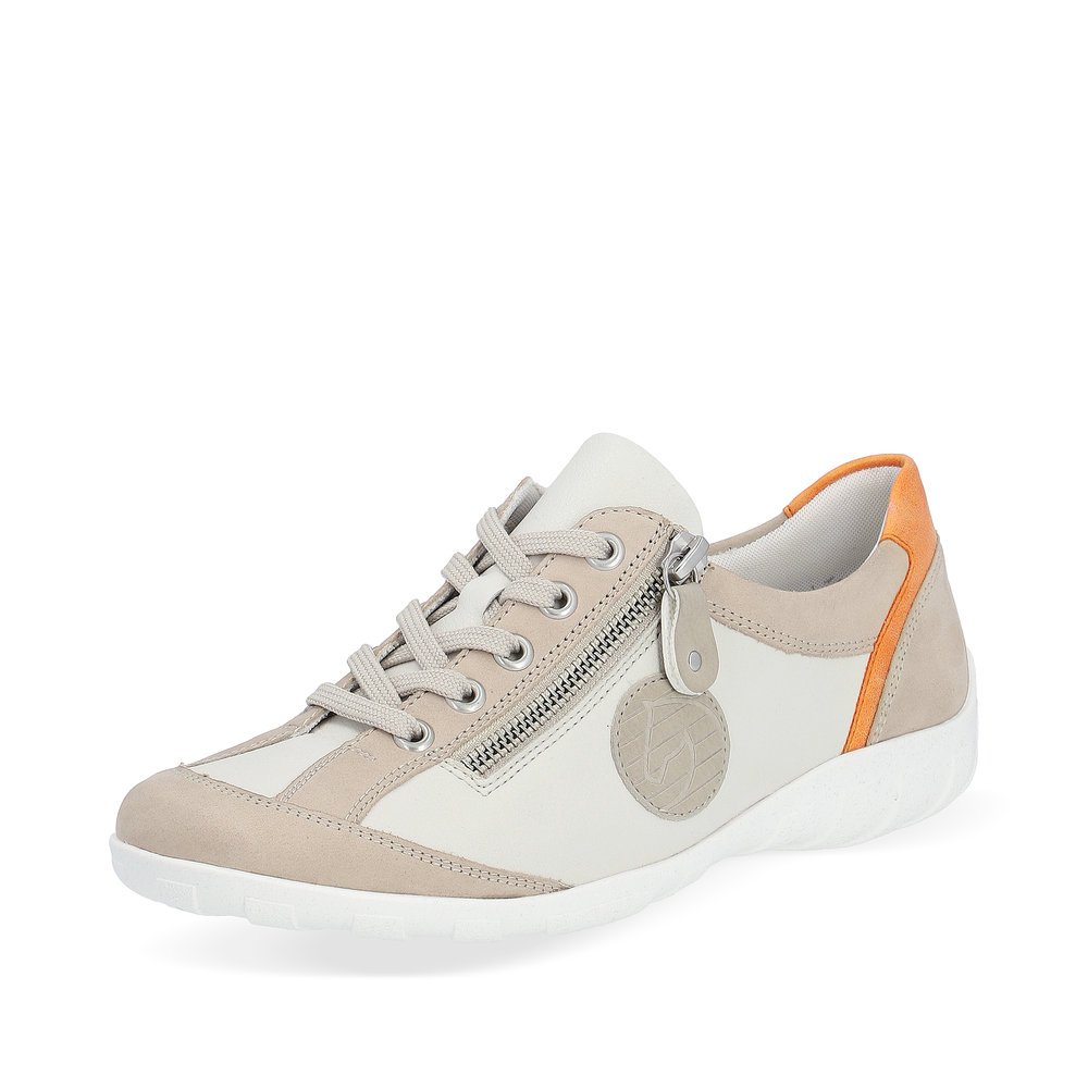 Beige remonte women´s lace-up shoes R3408-80 with zipper and comfort width G. Shoe laterally.