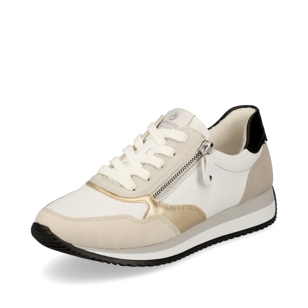 remonte baskets blanches pour femmes D0H01-82 avec une fermeture éclair. Chaussure inclinée sur le côté.