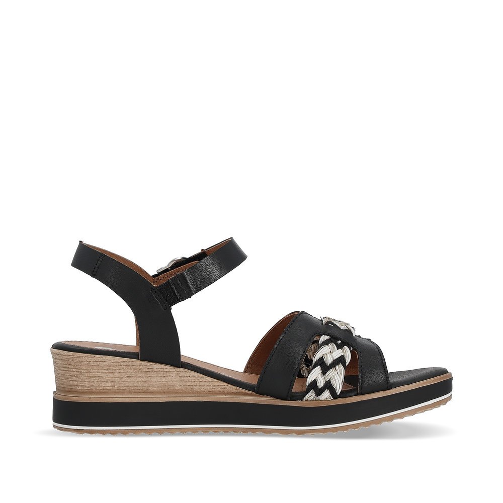 Black remonte women´s wedge sandals D6461-02 with hook and loop fastener. Shoe inside.