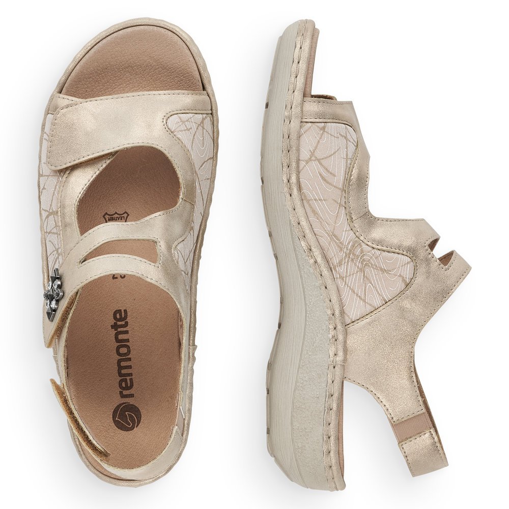 Light beige remonte women´s strap sandals D7647-94 with hook and loop fastener. Shoe from the top, lying.