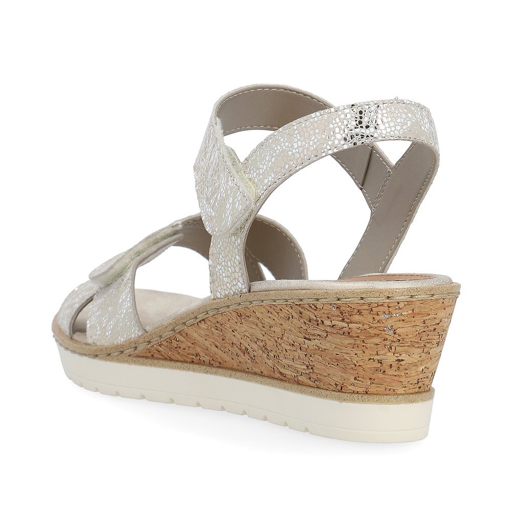 Metallic silver remonte women´s wedge sandals R6252-91 with hook and loop fastener. Shoe from the back.