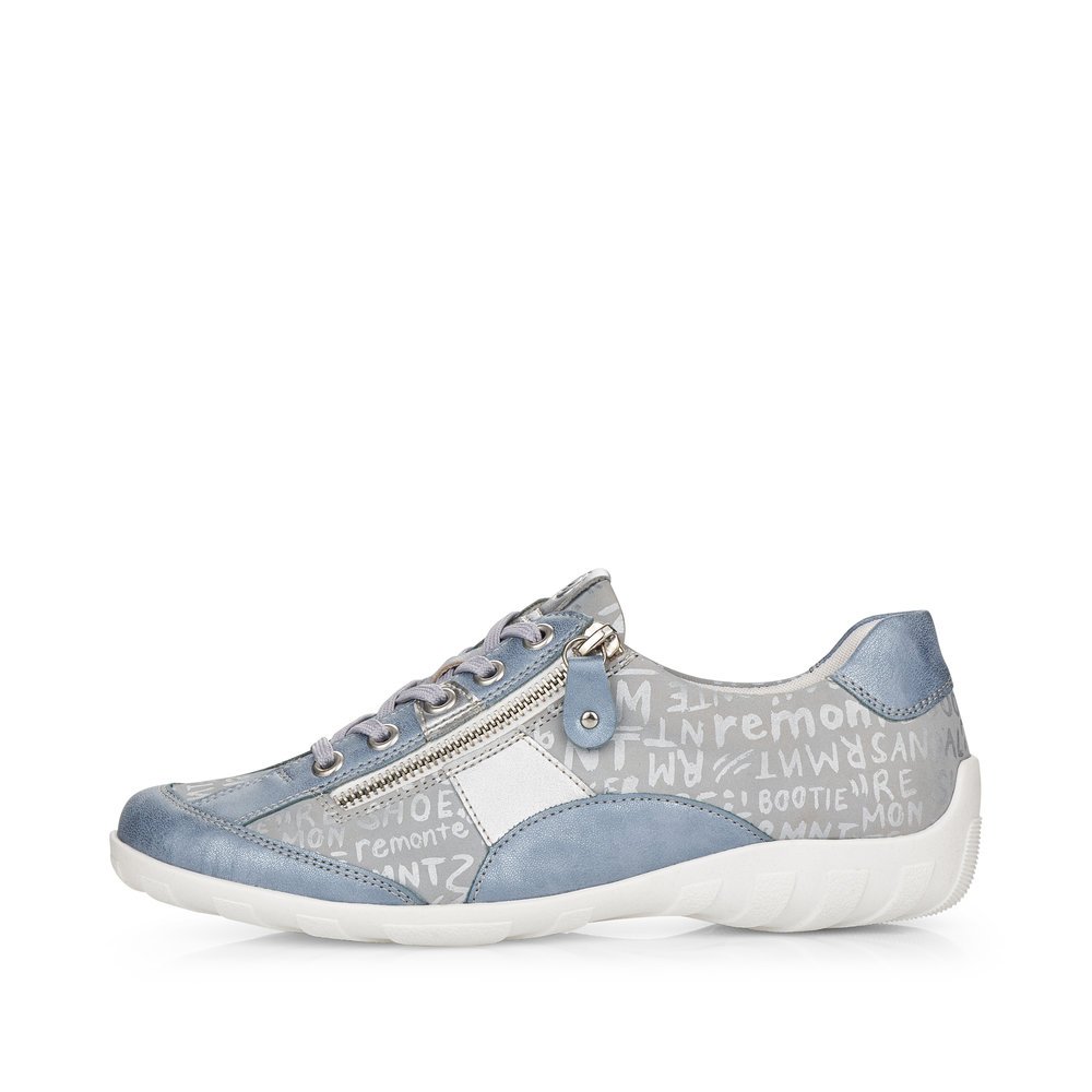 Blue remonte women´s lace-up shoes R3403-14 with a zipper and text pattern. Outside of the shoe.