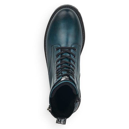 Blaue Stiefeletten warm gefüttert aus Glattleder mit Reißverschluss und Schnürung und Wechselfußbett. Schuh von oben. 