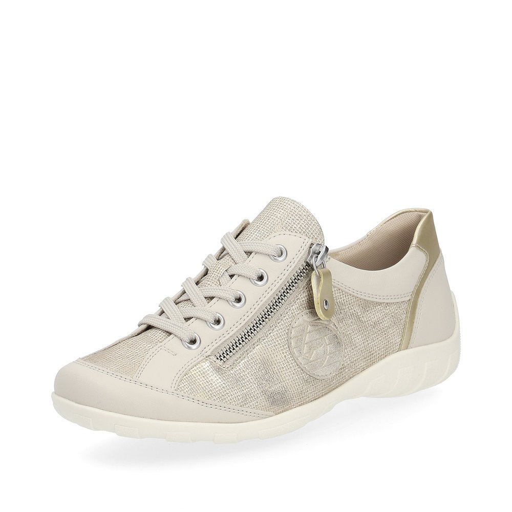 Beige remonte women´s lace-up shoes R3408-60 with a zipper and comfort width G. Shoe laterally.
